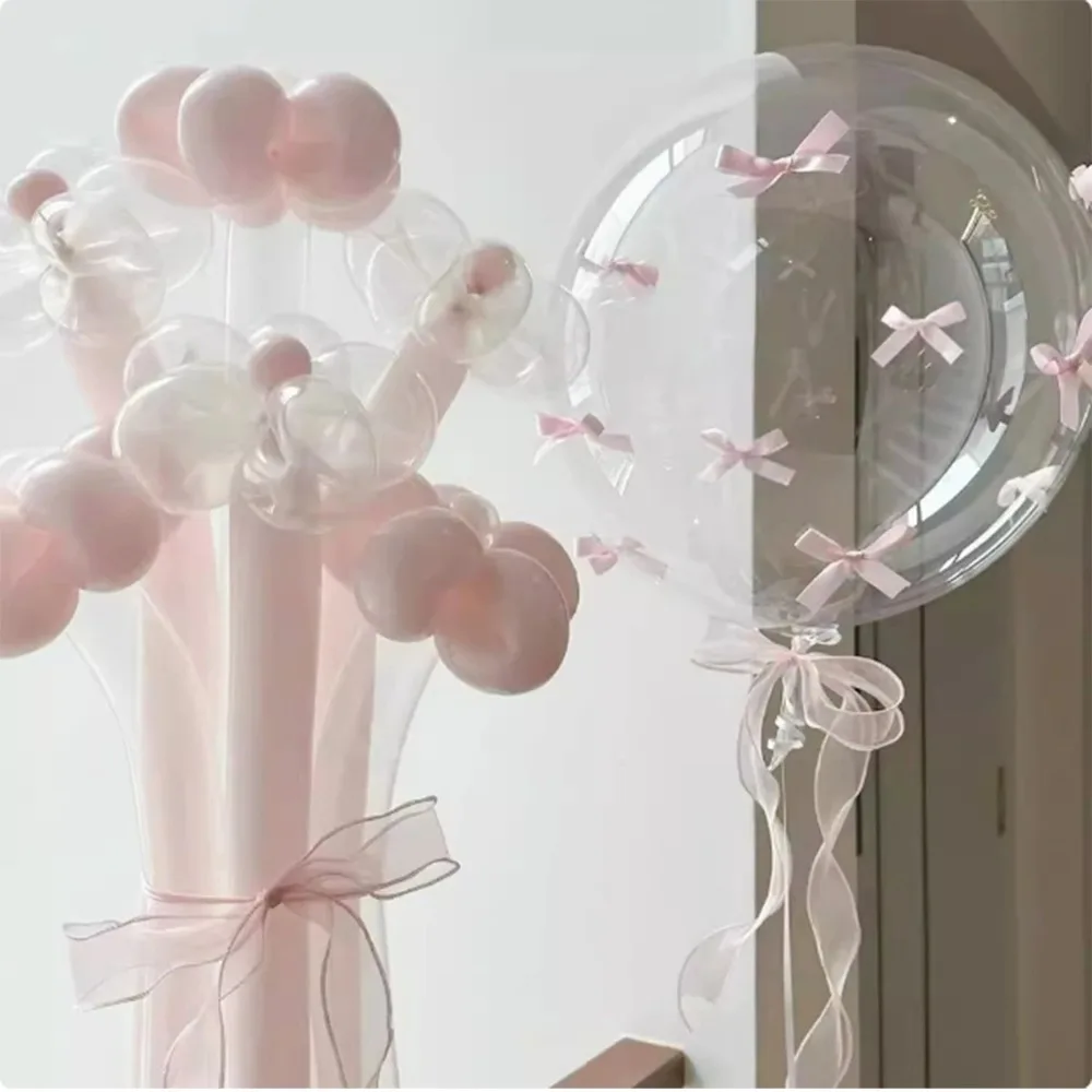 بالون على شكل فيونكة وردية شفافة مقاس 24 بوصة، بالون من رقائق الألومنيوم المستدير، شريط لتزيين حفلات أعياد الميلاد
