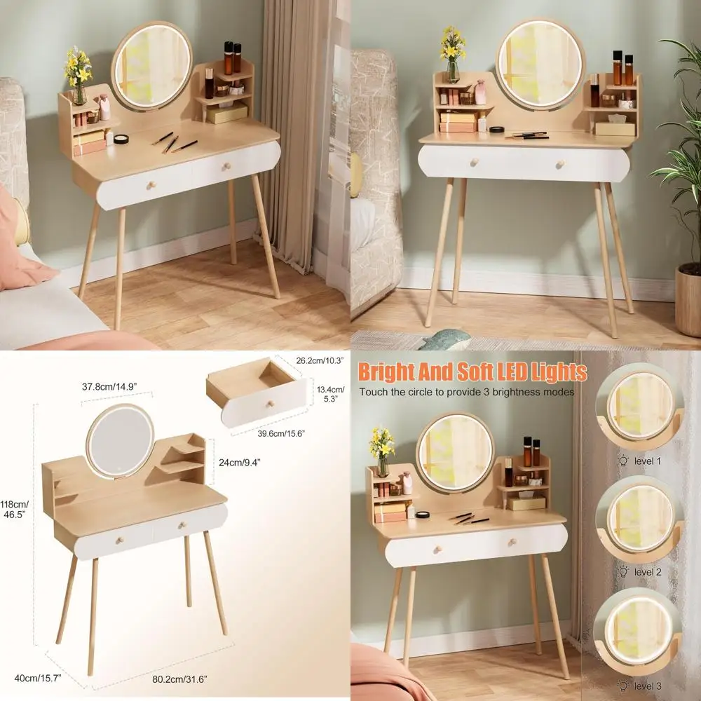

Компактный туалетный столик с 3-режимной регулируемой подсветкой зеркала, 2 ящиками и деревянными полками для небольших помещений