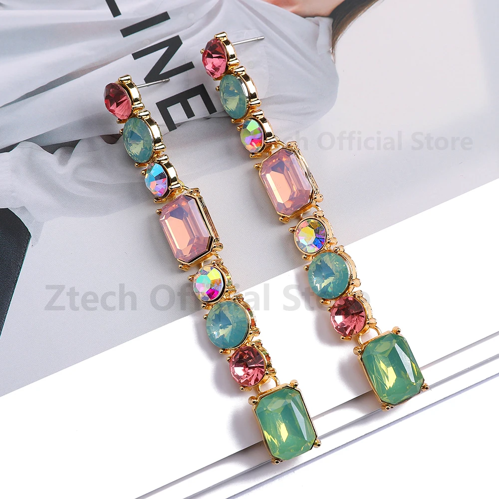 Elegant Vintage Long Hanging Earrings For Women Luxury Colorful Glass Decor Popular Ear Accessories Prom Party Fashion Jewelry