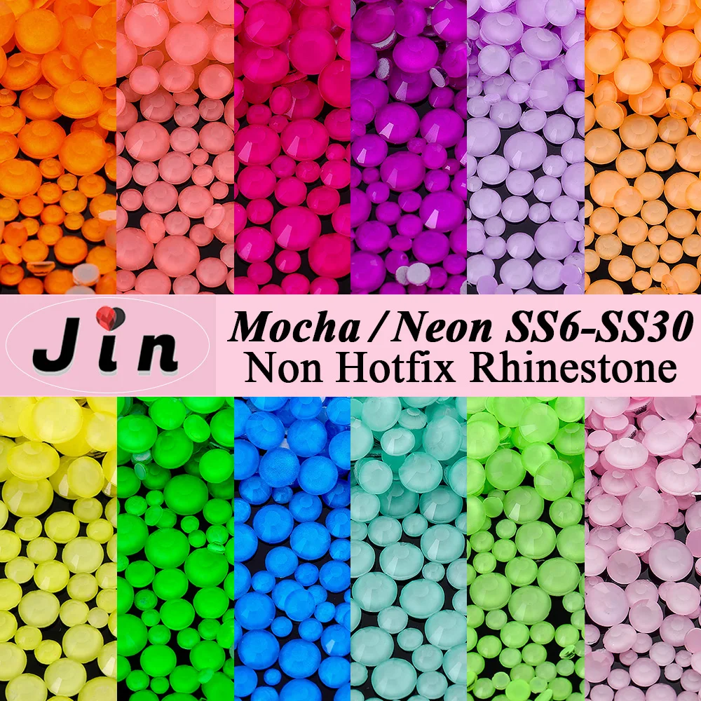Jin Mocha-diamantes de imitación de cristal neón sin fijación en caliente, purpurina de cristal, Strass plano para manualidades, zapatos, accesorios para decoración de uñas DIY, SS6-SS30