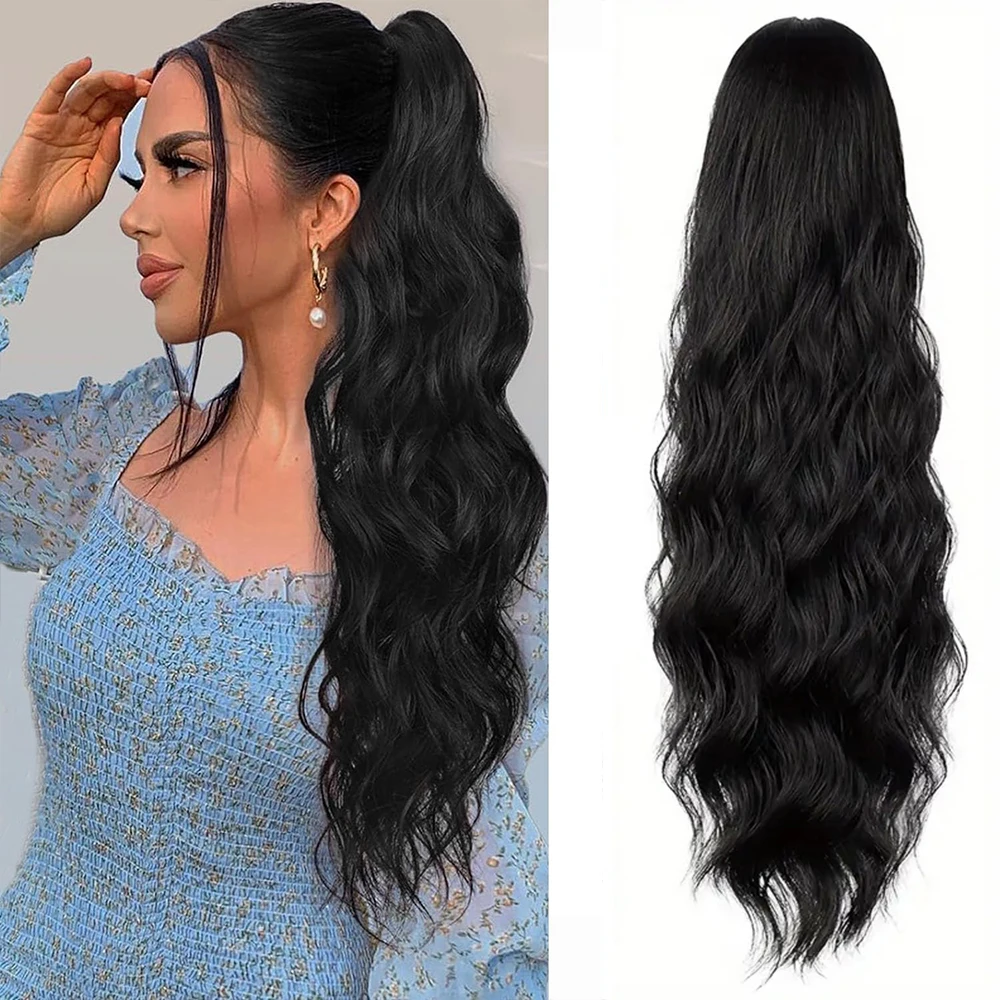 

Ponytail Extension, Drawstring Ponytail Hair Extensions for Women Long Curly Wavy Ponytail Natural Wavy Synthetic Hair