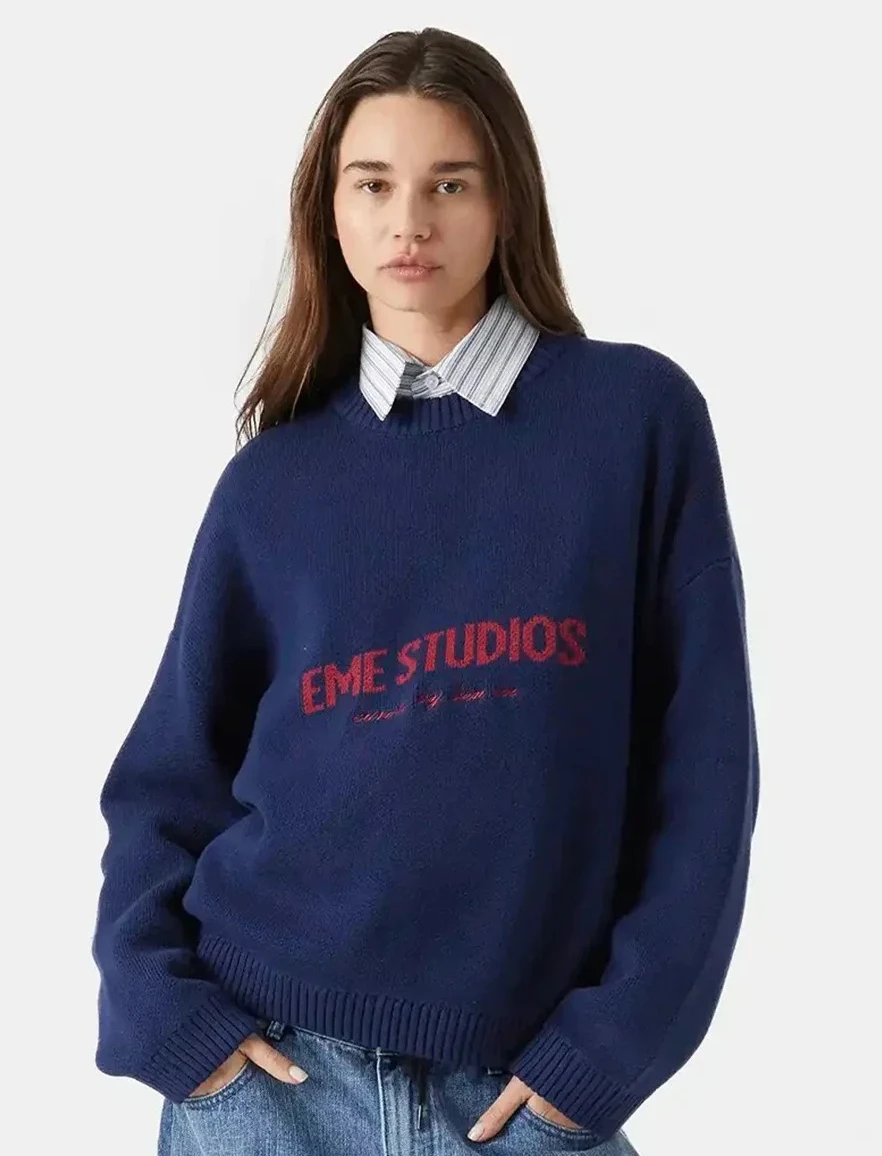 

2025 Winter Letters Knitted Sweater For Women Casual O-Neck Long Sleeve Pullover Tops Daily Street Loose Sweaters