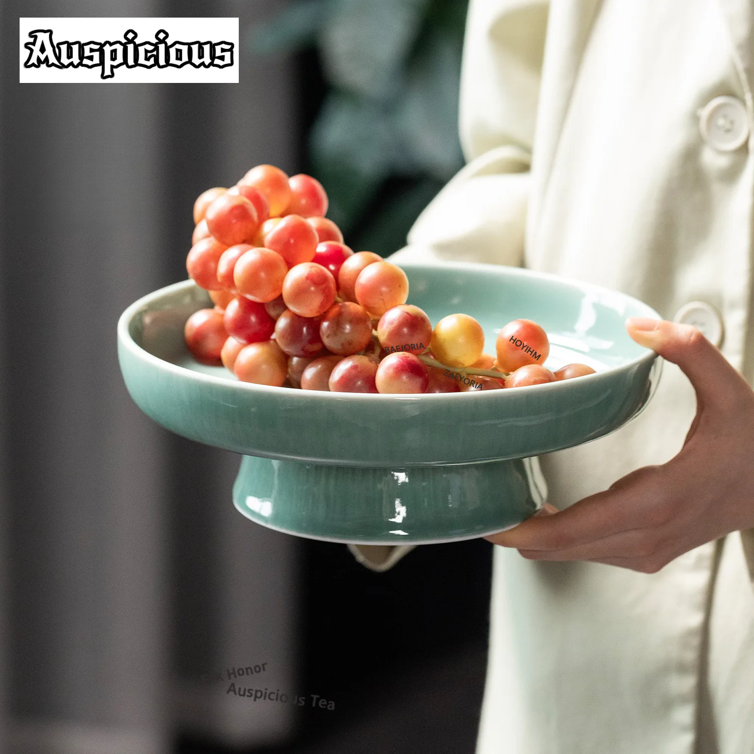 ZAEYORIA Longquan Celadon Your Pupil Fruit Dishes Vintage Pastry Plate Dim Sum Plate Household Sharing Plate Supplies Ornaments