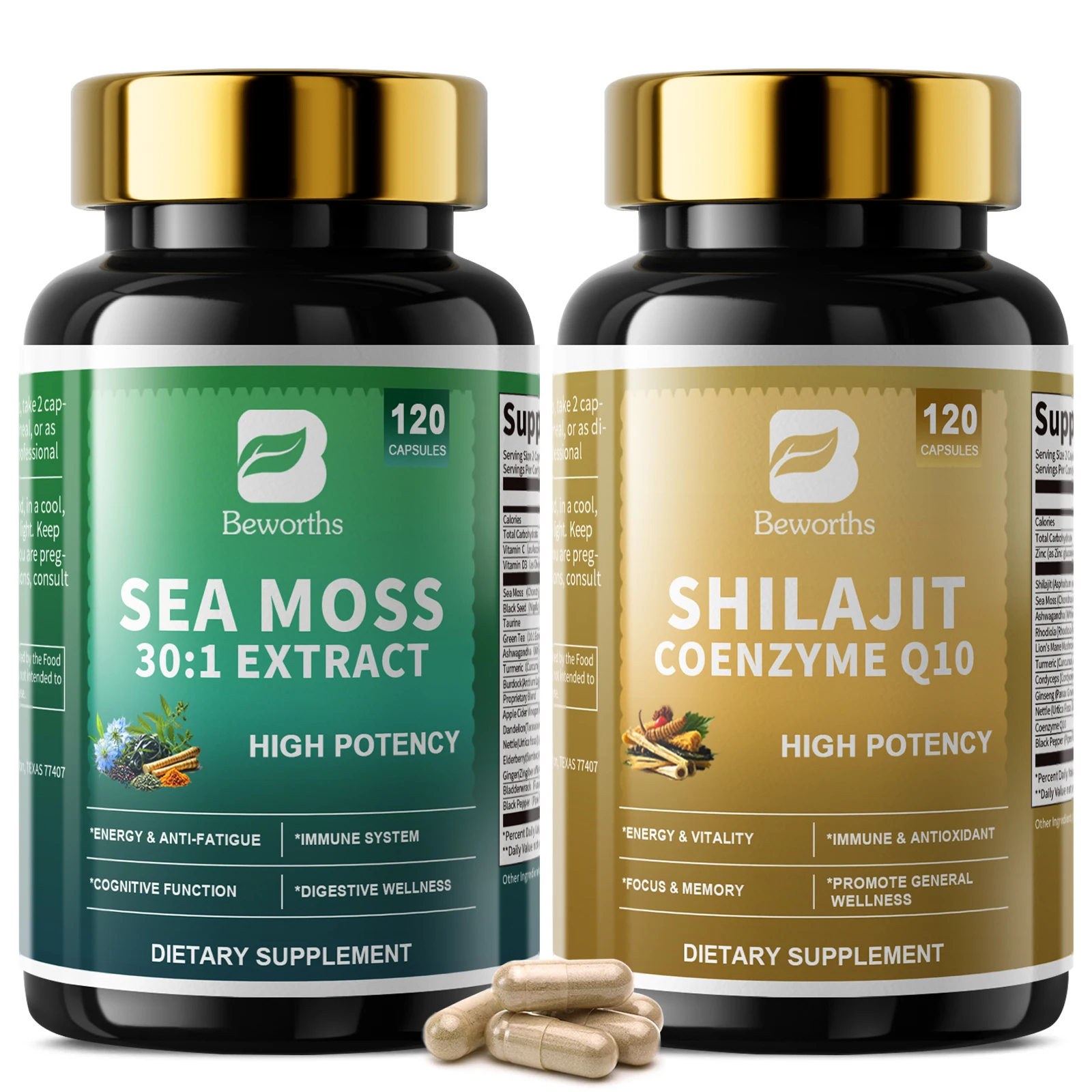 

Shilajit & Sea Moss Set Multi-functional Supplement with Coenzyme Q10, Ashwagandha, Taurine, Energy,Antioxidants &Immune Support