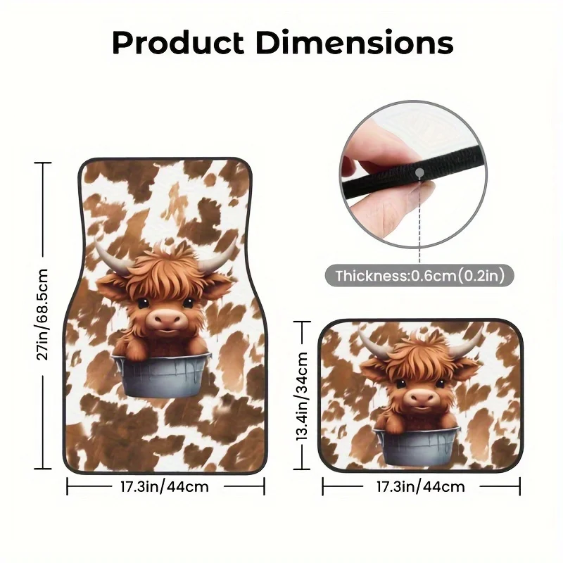 4pcs Car Non-Slip Floor Mats With Cute Highland Cow Pattern For Vehicle Interior Accessories Durable And Easy-to-Clean Fully Pri