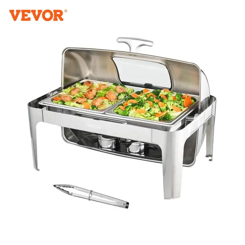 Vevor 9qt Roll-Top Chafing Schotel Buffet Set Rvs Chafer W/2 Halve Pannen Rechthoek Catering Warmer W/Deksel Brandstofhouder