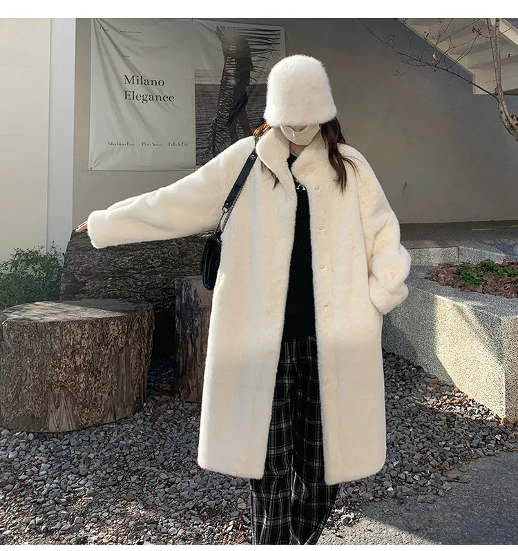 Women's Thick Faux Mink Fur Mid-length Coat Autumn Winter Fashion Stand Collar Plush Outerwear Women Elegant Warm Fluffy Jackets