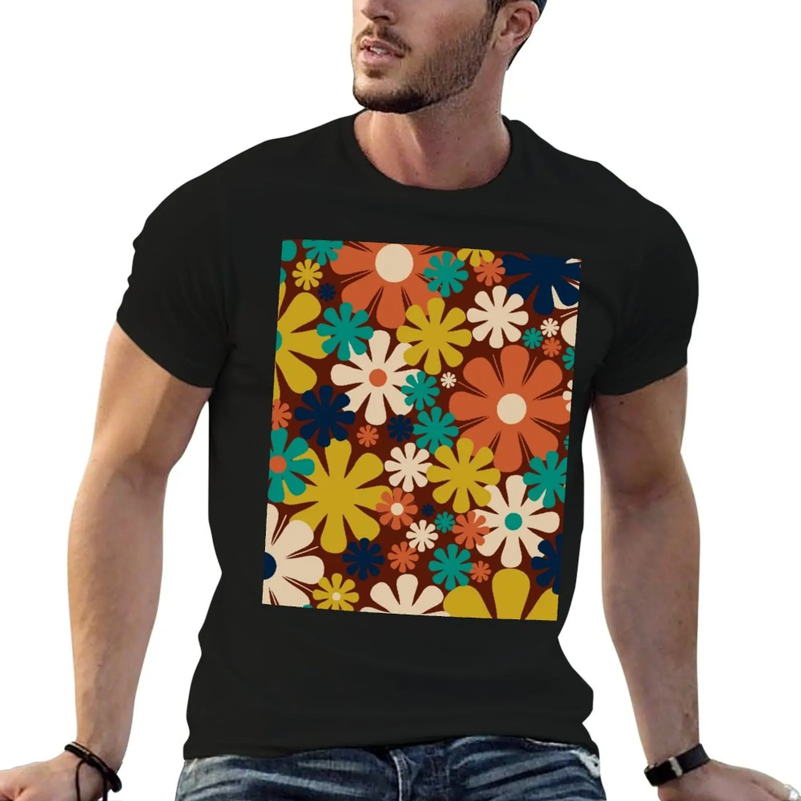 Retro 60s 70s Aesthetic Floral Pattern in Midcentury Rust Orange Mustard Teal Blue Beige T-Shirt Big Size Daily Wear T-Shirt