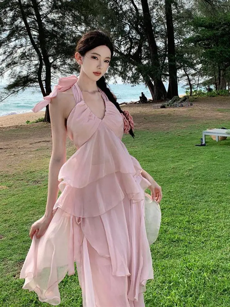 

French New Women Pink Sexy Ruffle Edge Halter Bandage Dress Summer Elegant Sleeveless Backless Irregular Vacation Party Dresses