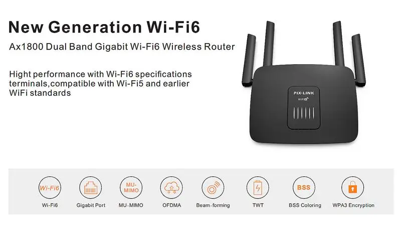 Pix-link Produk Baru WIFI 6 1800Mbps Dual Band Gigabit Wireless Router