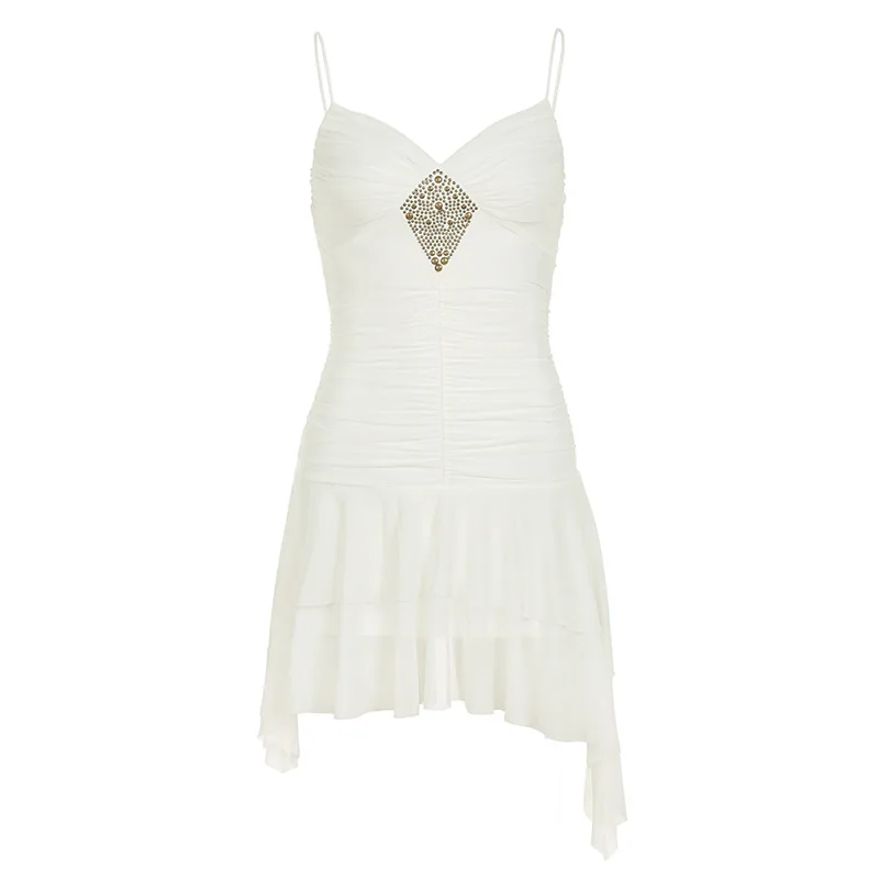 ชุดเดรสสั้นวันหยุด Pure-Chic Irregular Ruffle Ruched Waist V-Neck Wrap Crop Cami Slim Fit Summer Beach Trendy