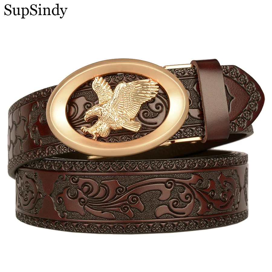 SupSindy Men's Genuine Leather Belt Luxury Gold Eagle Metal Automatic Buckle Cowhide Belts for Men Jeans Waistband Male Strap