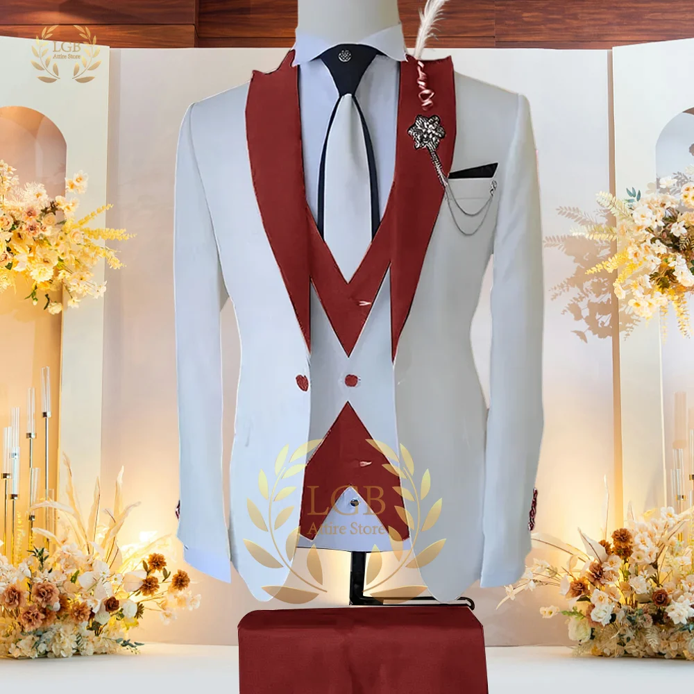 Men's color-blocked 3-piece suit set suitable for weddings/banquets, including a slim-fit jacket, vest, and trousers.
