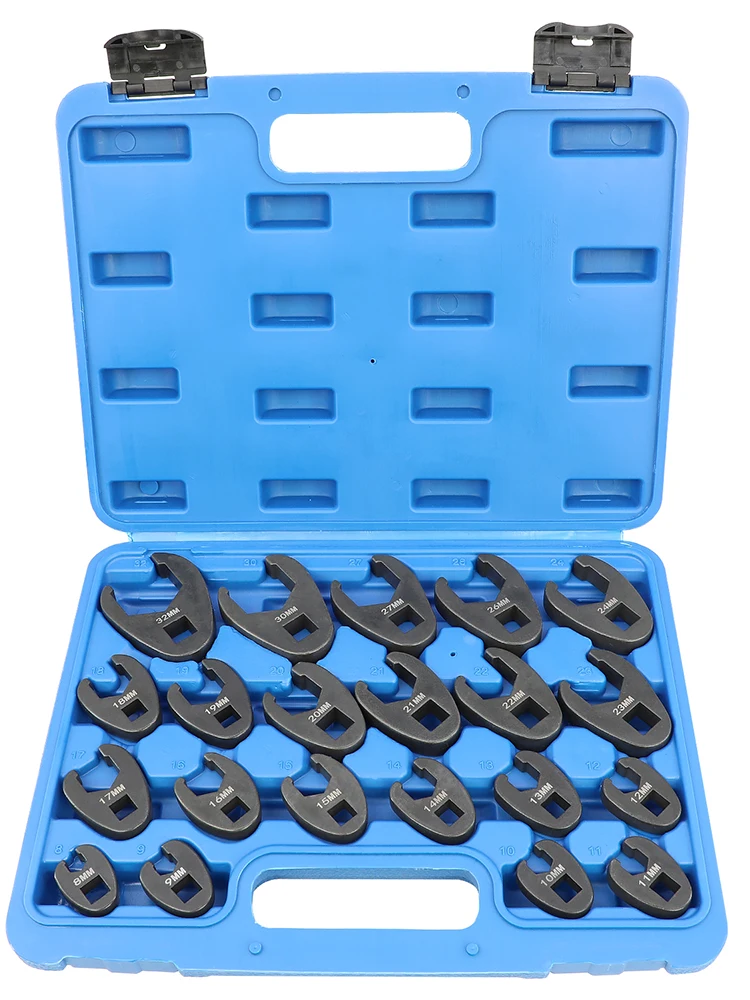 Image of 21 Piece Metric Crowfoot Wrench Set 1/2 inches and 3/8 inches Drive Sizes 8mm-32mm Cr-Mo Flare Nut