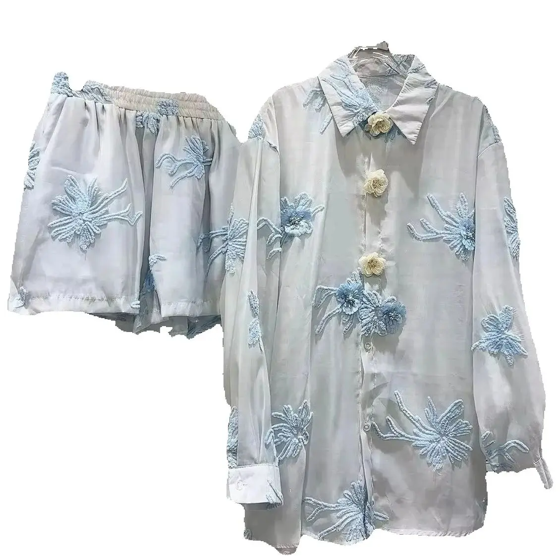 

2025 New Summer Women Two-piece Set Diamonds Flower Embroidery Long Sleeve Cardigans Top + Casual Elastic Waist Wide Leg Shorts
