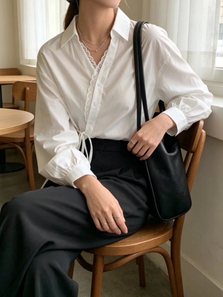 Spring Fall Women Lapel Wrap Shirt Lace Trim Oblique Button Lantern Long Sleeve Tie Waist French Sweet Casual Daily Blouse Top