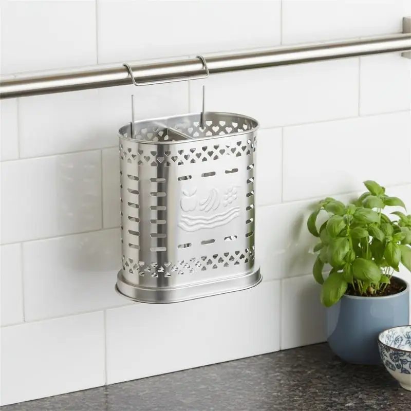 Stainless Steel 2 Compartment Utensil Organizer Rust Resistant with Draining Holes Hooks Countertop Cutlery Drying Bin for Home