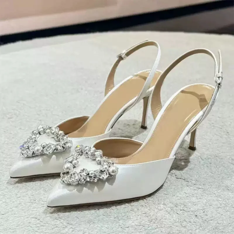 Women's Satin Pointed Toe Slingback Heels Crystal Pearl Heart Embellished Stiletto Pumps Elegant Bridal Shoes Luxurious Footwear