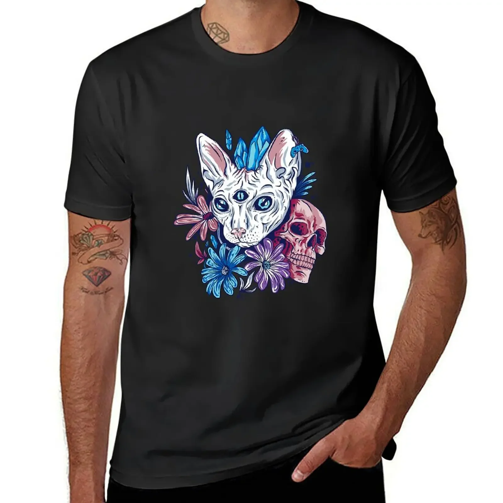 

Skull Cat Mystical Sphynx Flower T-Shirt Luxury man anime clothes croswit shirt man mens graphic t-shirts anime