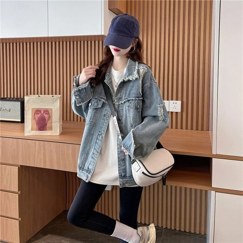 

229, весенне-осенняя женская новая потертая корейская шикарная минималистичная джинсовая куртка большого размера, универсальная дизайнерская повседневная одежда