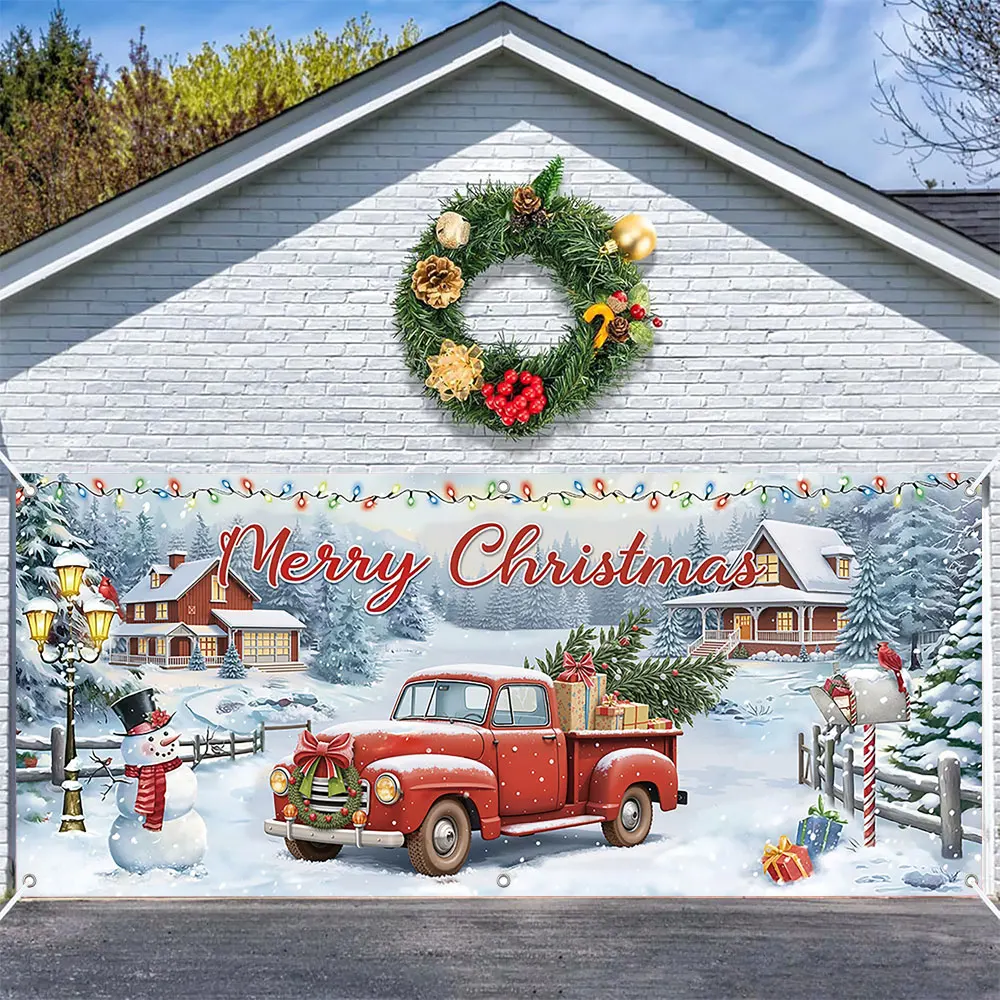

16x7ft Североноснежный городок, рождественский чехол для гаражных ворот, винтажный баннер для грузовика, большое уличное рождественское украшение
