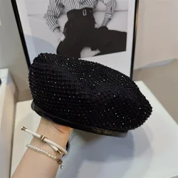 Grace star Retro Mesh yarn Luxury Shiny drill Fashion street Lady Beret Hat Women Autumn and Winter New Style Leisure Painterhat