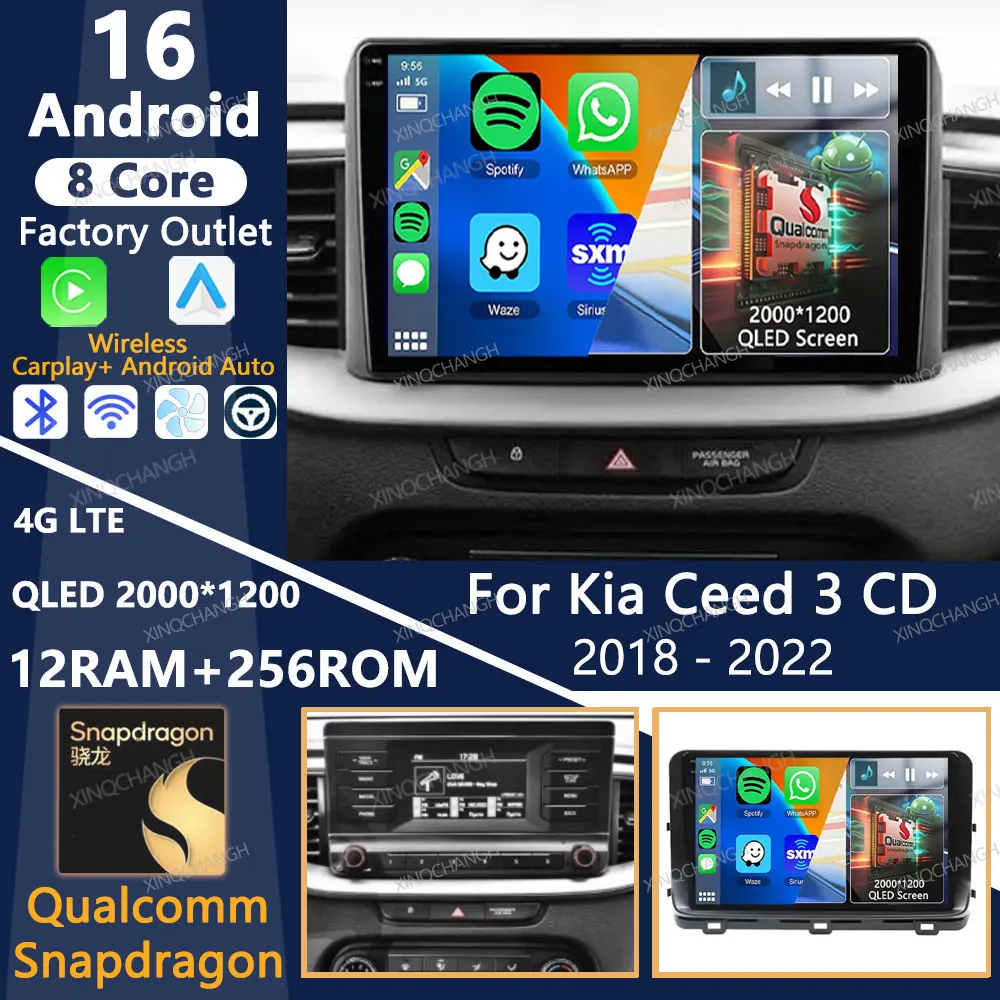 Android 16 Car Radio For Kia Ceed 3 CD 2018 - 2022 BT GPS Qualcomm 2DIN 4G WIFI Multimedia Video Player QLED Carplay Auto BT GPS