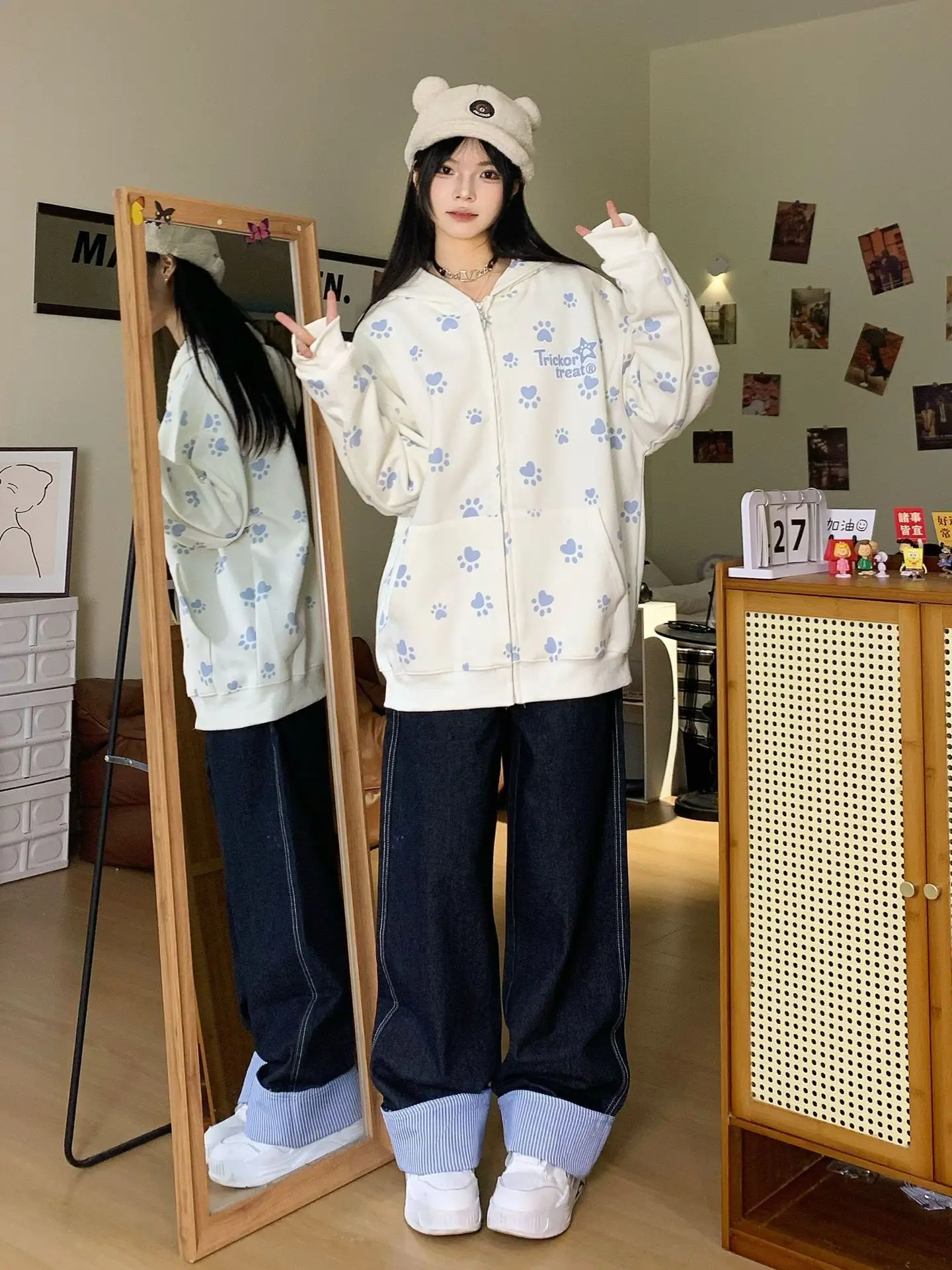 Autumn Cute Hoodies Y2k Aesthetic Women Cartoon Paw Casual Print Zipper Loose Harajuku Loose Hooded Sweatshirt Young Girls Tops