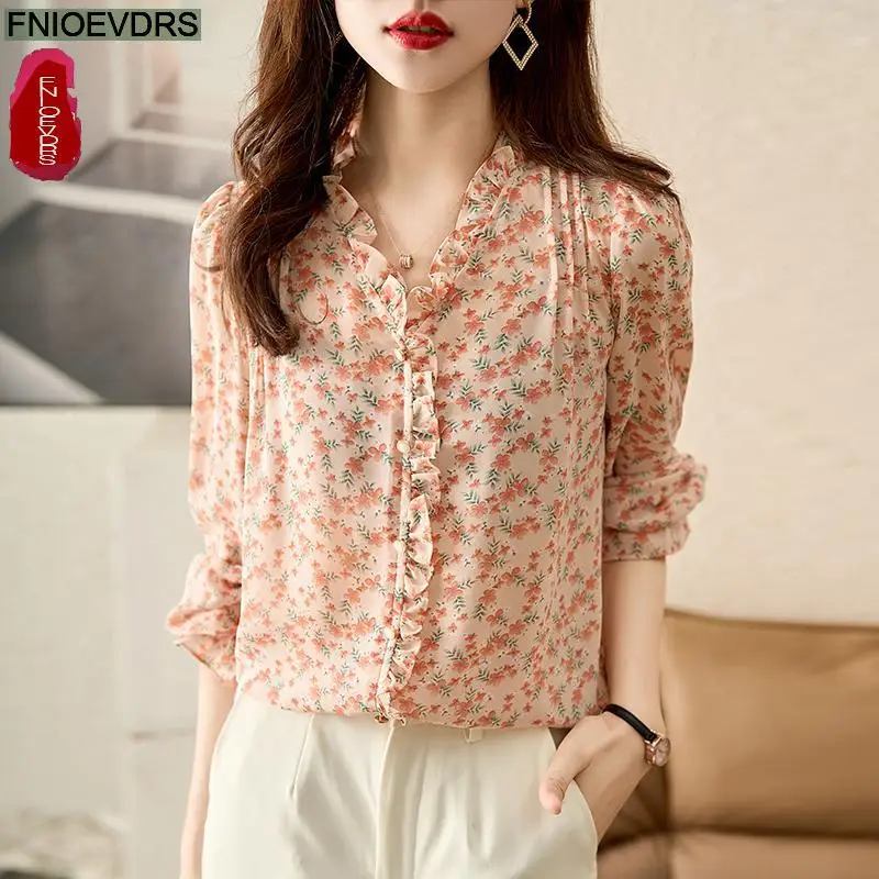 S-XL 2023ผู้หญิงแขนยาว Elegant Office Lady ทำงานปุ่มเสื้อ Retro Vintage Sablon Bunga สีชมพู Ruffles เสื้อและเสื้อ