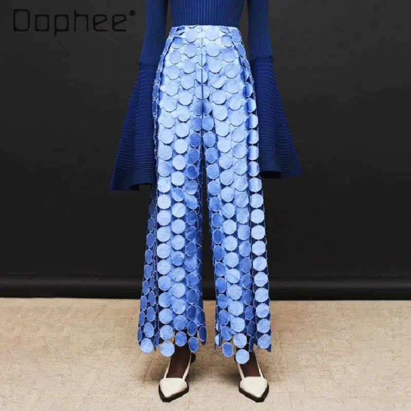 

Personality Wafer Tassel Straight Trousers for Women 2024 Spring New Casual Woman Hollow Embroidered Solid Color Wide-Leg Pants