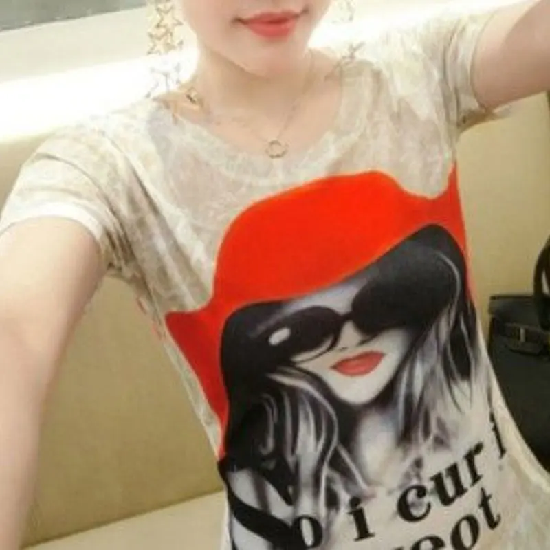 Stylish Printed Letter Pullovers Korean Slim Short Sleeve Women's Clothing Round Neck Spliced Summer Commute All-match T-shirt