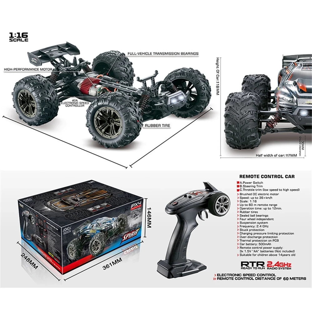 JTY Toys 1:16 RC Trucks 36km/h High Speed Remote Control Buggy Truck Waterproof 4WD Bigfoot Climbing Off-Road Remote Control Car