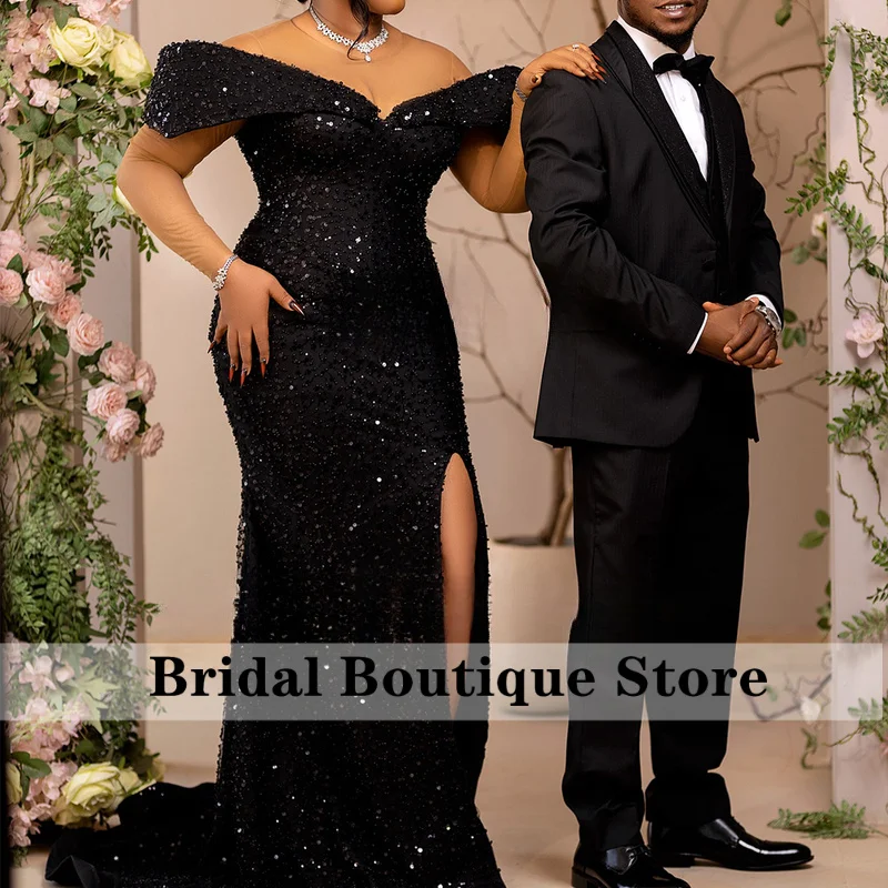 Elegant Sequin Prom Dresses 2025 Off Shoulder Side Slit Mermaid Evening Party Gown Customized Sleeveless vestidos largos fiesta