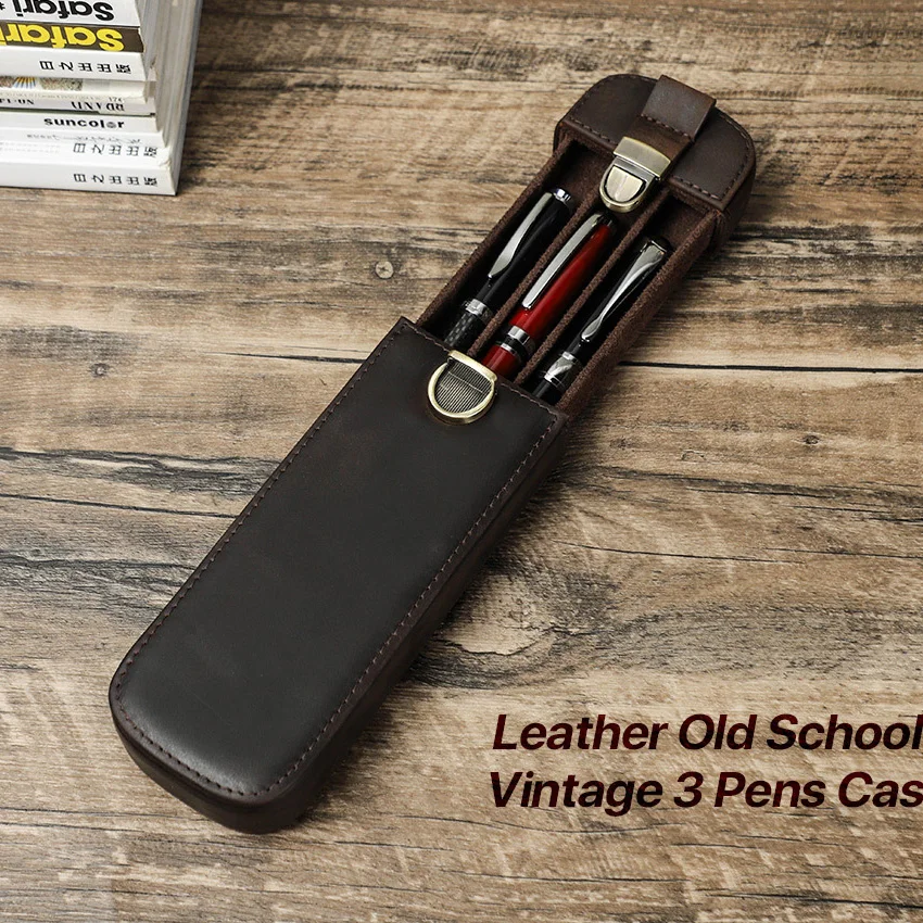 Retro Genuine Leather Handmade Pen Bag Pen case Lock Removable Buckle Drawer Office Travel 3-piece Pen Storage Box