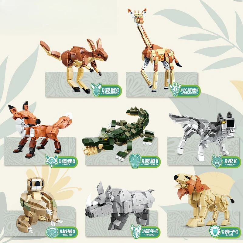 Kids Building Blocks - Animal World Series Giraffe Kangaroo Fox Wolf Rhinoceros Lion Assembly Model