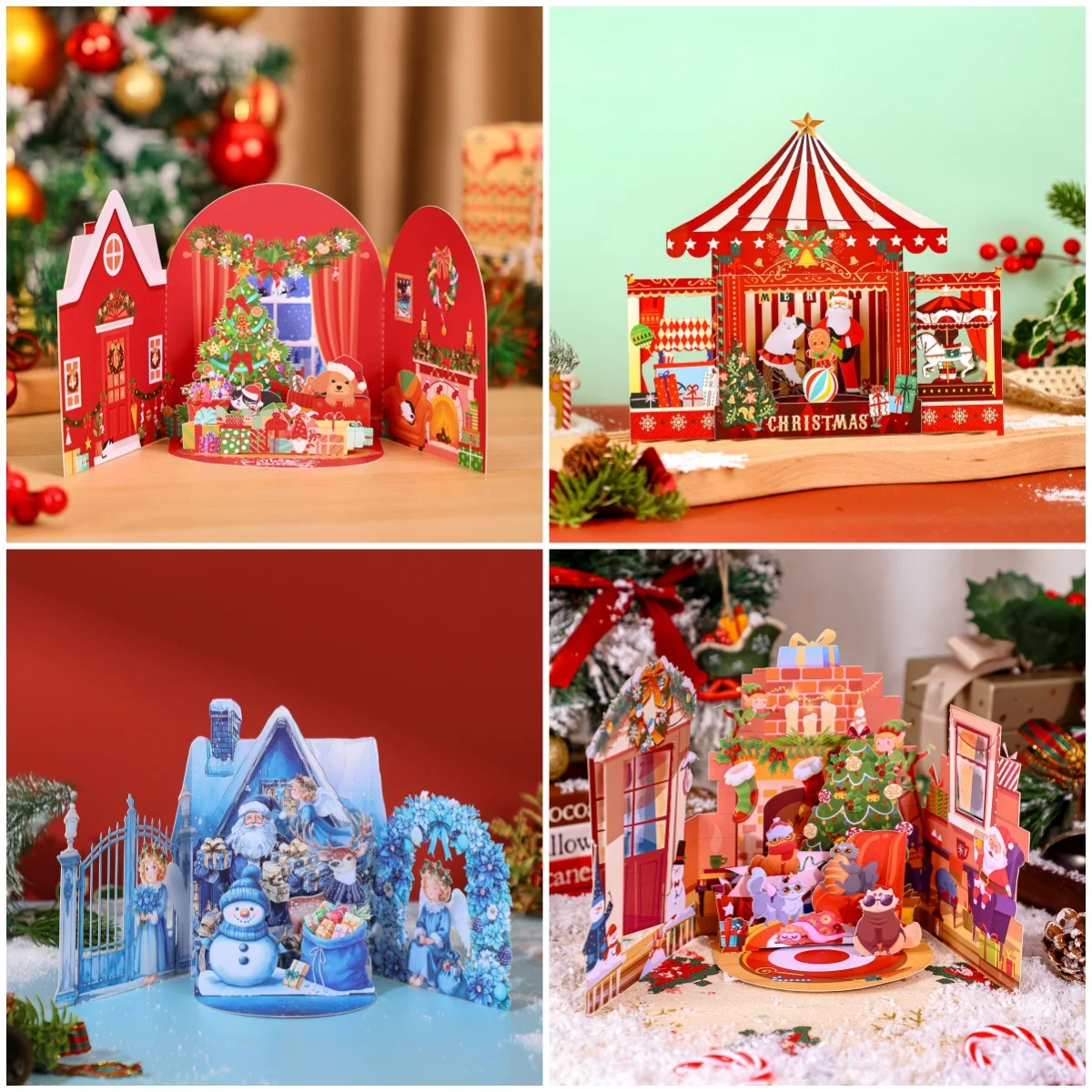 Cartes d'invitation pop-up à double porte Joyeux Noël, motifs stéréo thème cirque et maison d'hiver, cadeaux de Noël pour les proches