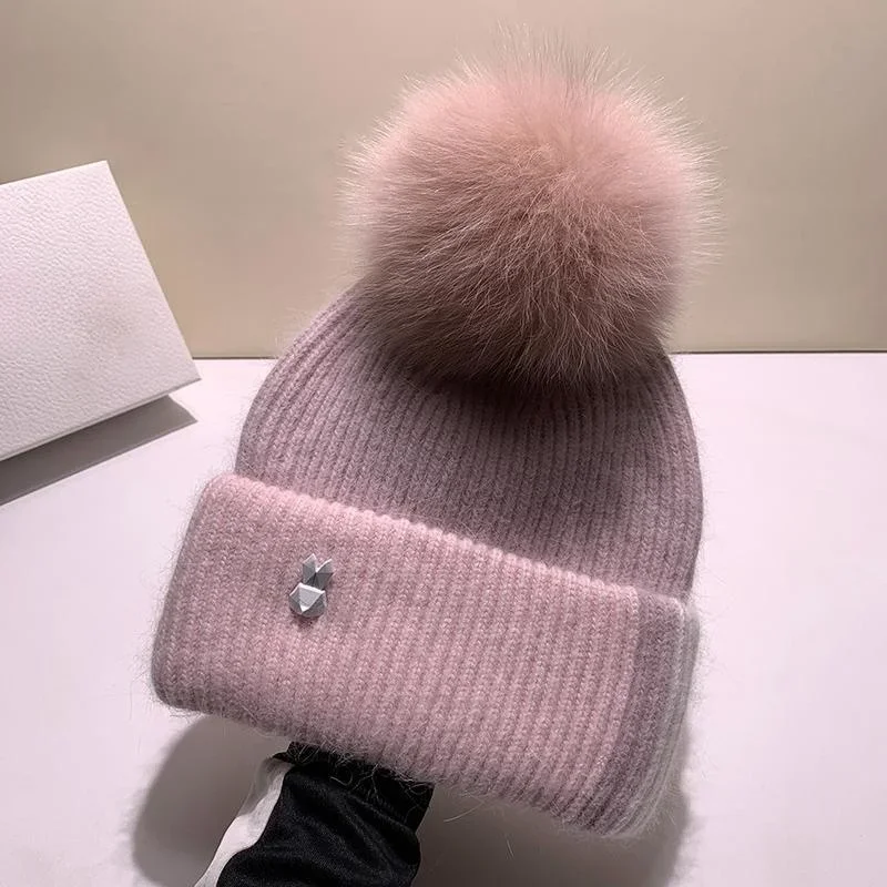 Autumn winter women Girls real fox fur pom pom knitted beaines cap Rabbit fur knitting skullies hat Christmas