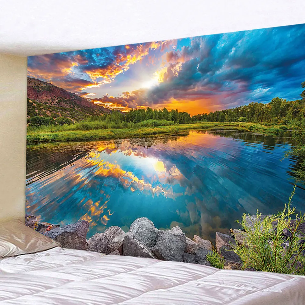 Scenery Painting Tapestry Mountain Lake Landscape Wall Hanging Art Home Decoration Natural Scenery Art Wall Cloth Carpet