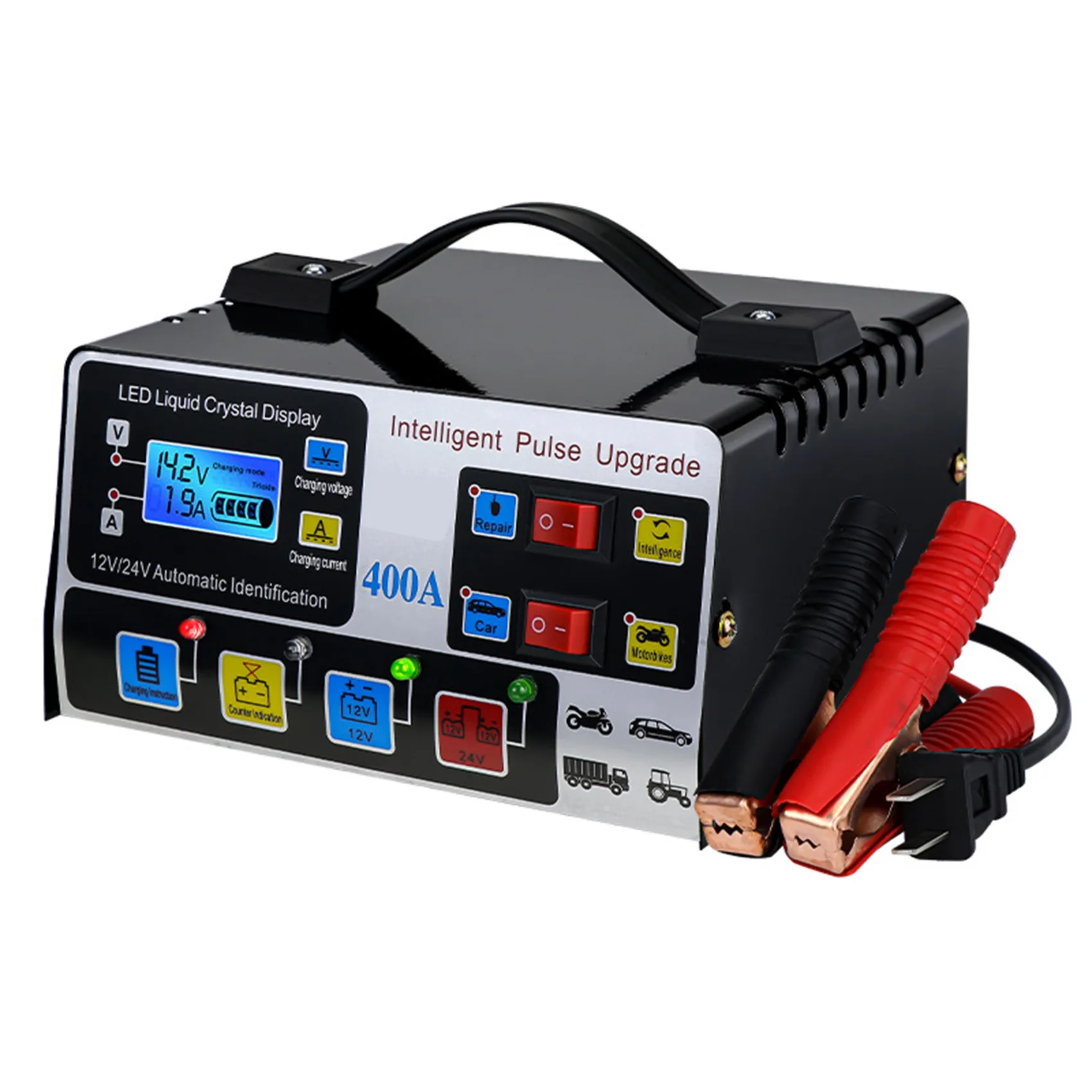 Car Battery Charger Fully Automatic High Frequency Intelligent Pulse Repair Charger LCD Display 12V24V 220W US Plug