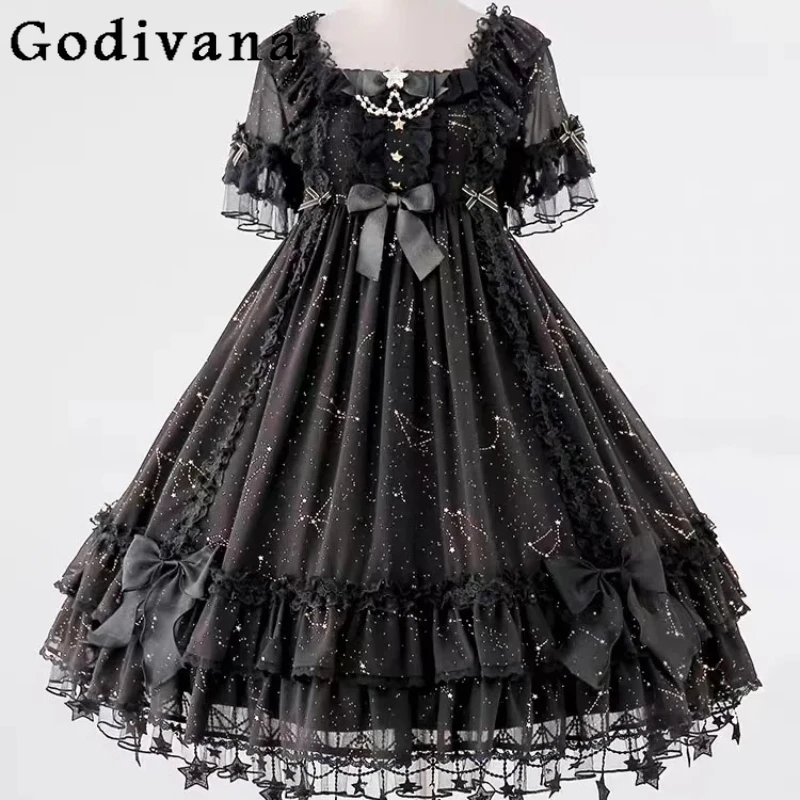

Spring Summer Heavy Industry Bow Ruffles Square Neck Lolita Dresses Sweet Girls High Waist A-line Versatile Age Reduction Dress