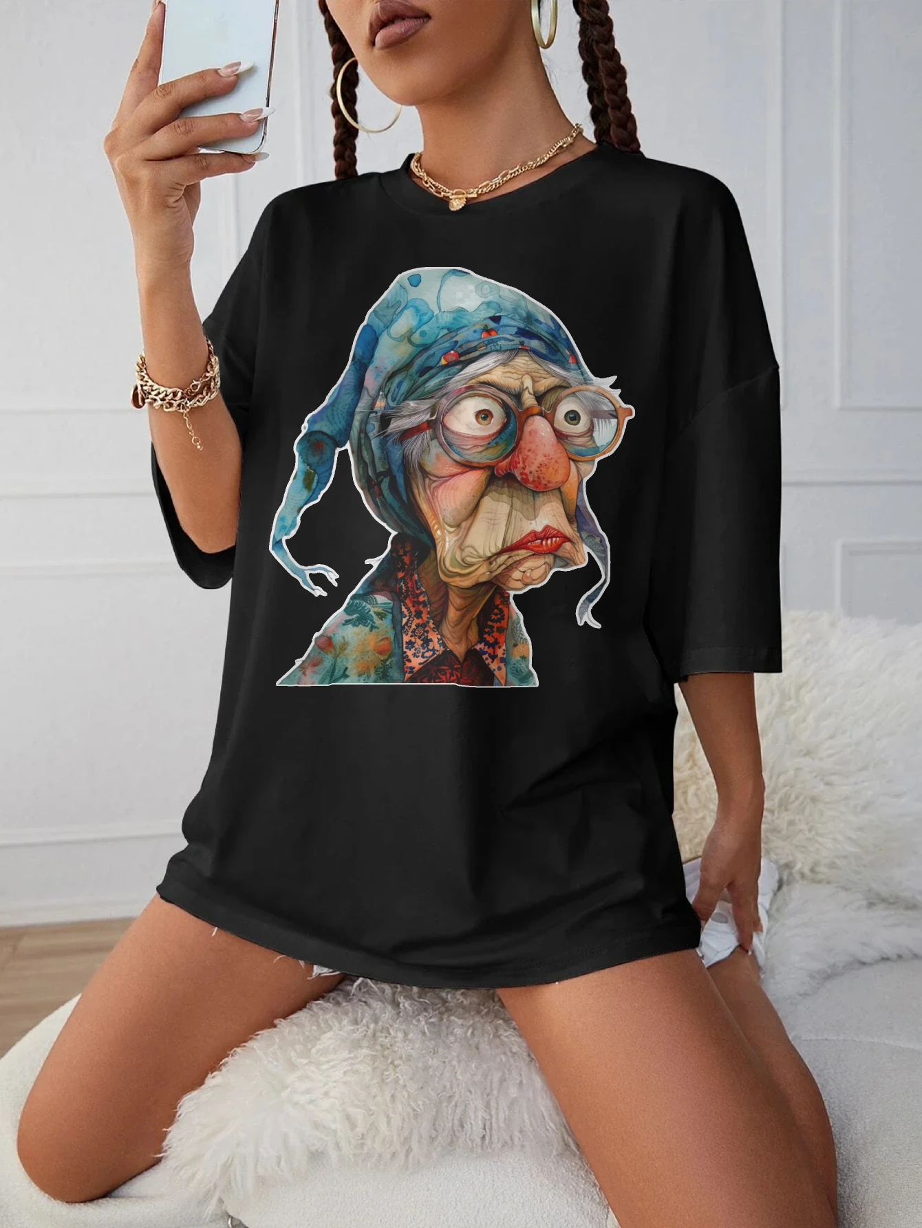 

Quirky-Whimsical-Crazy-Grandma-Clipart Trendy Black Round Neck Maternity T-Shirt Loose Fit Perfect for Late Pregnancy and Summer