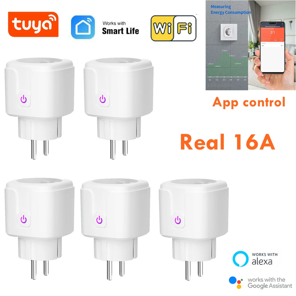 Tuya-Prise intelligente WiFi Smart Life, prise EU 16A, prise d'appareil ménager avec prise de surveillance de l'alimentation, commande vocale pour Alexa, Google, IFTTT