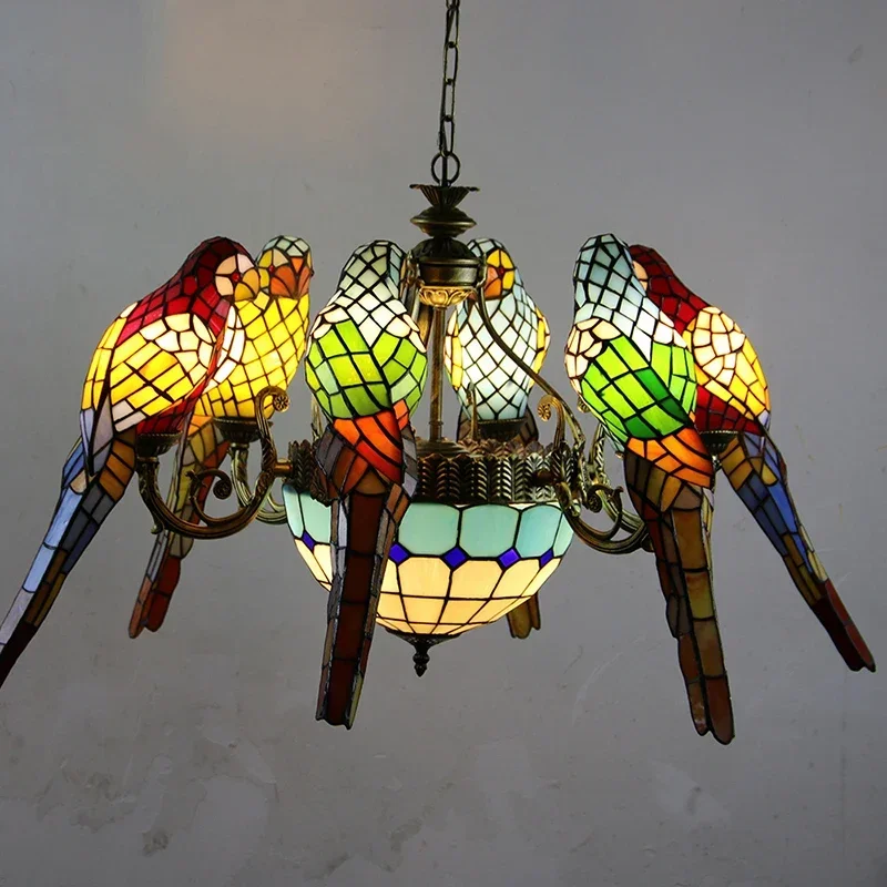 SEAN Tiffany Parrot Chandelier LED Vintage Creative Color Glass Pendant Lamp Decor for Home Living Room Bedroom Hotel