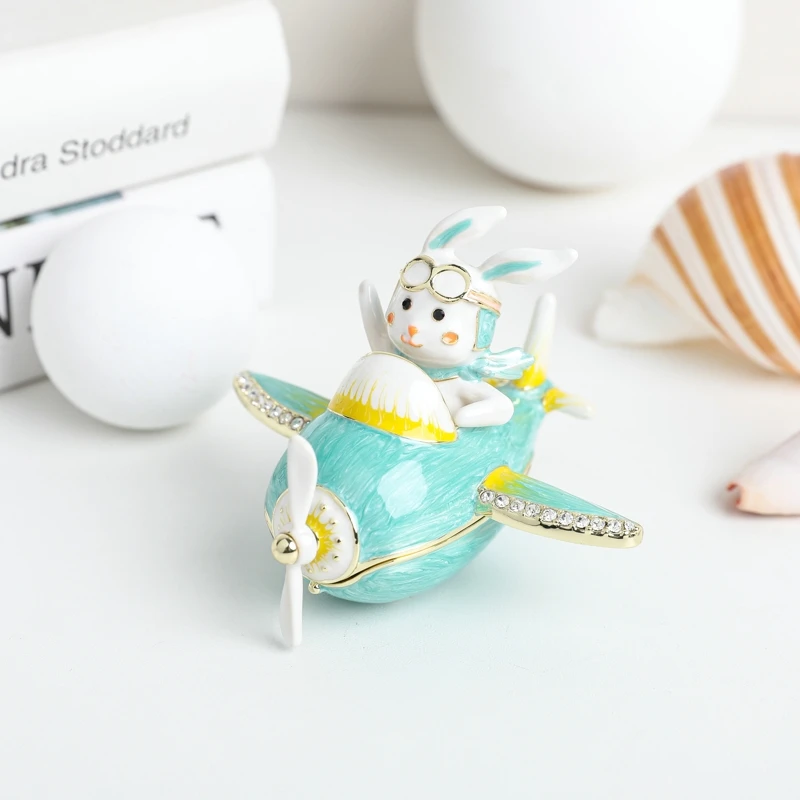 

SHINNYGIFTS Enamel Trinket Box Rabbit on Plane Small Gift Box Christmas for Daughters Birthday Gifts