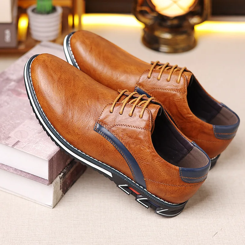 

Men‘s 2026 New Plus Size Casual Leather Shoes Round Toe Lace-Up Anti-Slip Comfortable Lightweight Four Seasons Loafers Sneakers