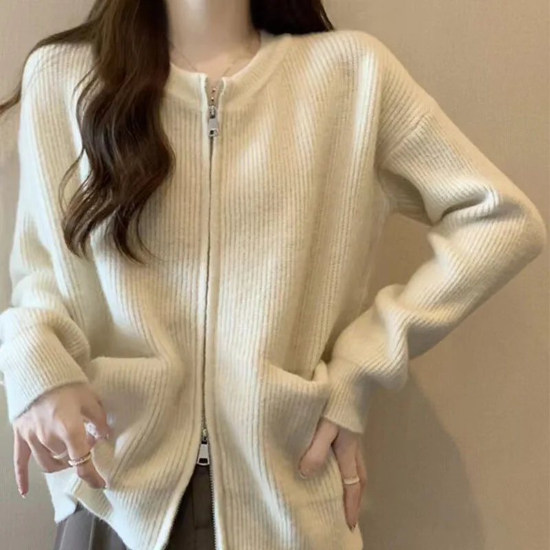 

Autumn and Winter New Wool Knitted Coat Korean Design Lazy Solid Color Zipper Loose Pocket Sweater Cardigan