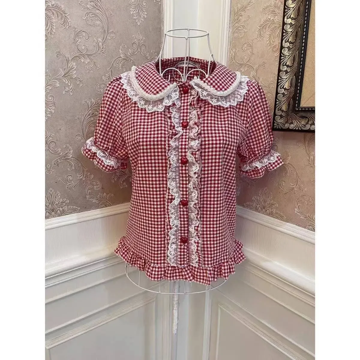 

2025 Blusas Mujer De Moda Japanese Blouses for Women Lace Peter Pan Collar Short Sleeve Summer Shirt Fashion Sweet Plaid Tops