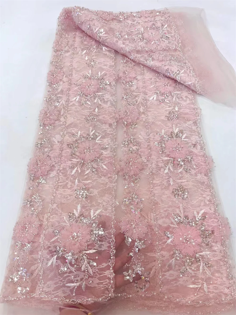 

Luxury Embroidery African Handmade Beaded Lace Fabric 2024 Pink Nigerian French Sequins Net Lace Fabrics For Wedding Party Sew