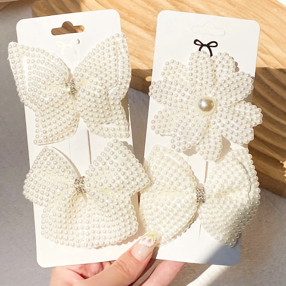 

1Piece Cute Bling Pearls Hair Bows White Rhinestone Bow For Kids Girlz Alligator Hair Clips Hair Grips Headwear Hair Accessories