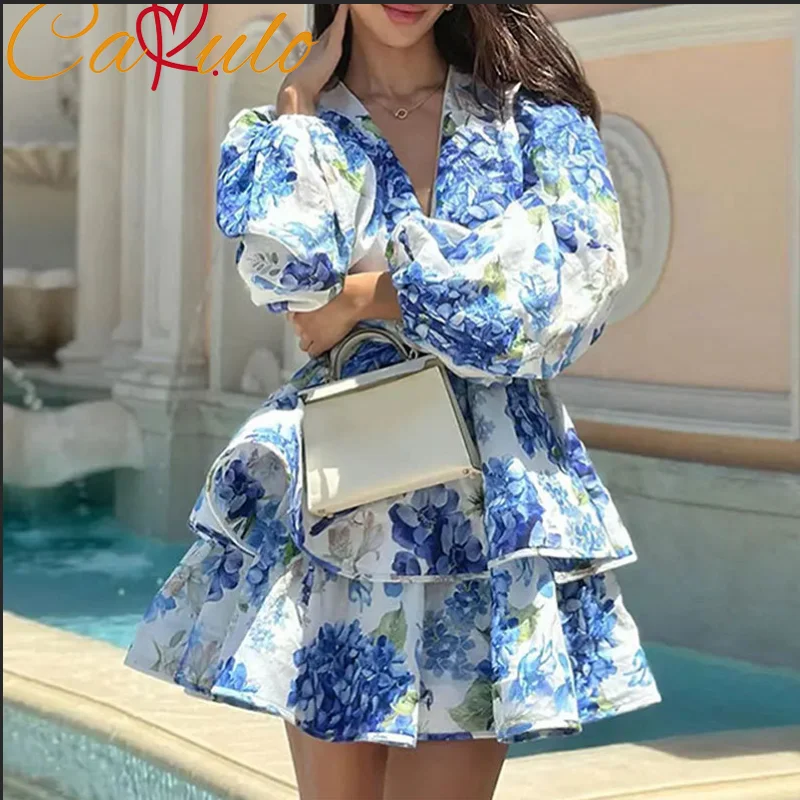 

2025 Lady Fashion Vacation Vestidos Elegant Printed Ruffled Layered Mini Dress Women V-neck Puff Sleeve Slim A-line Dresses